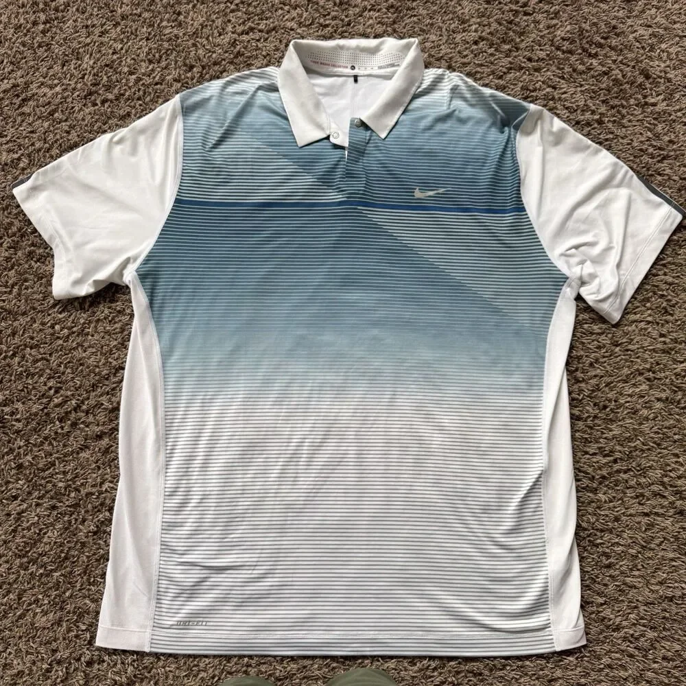 Nike Golf TW Tiger Woods Bold Stripe Polo Shirt Mens XL blue White 619755